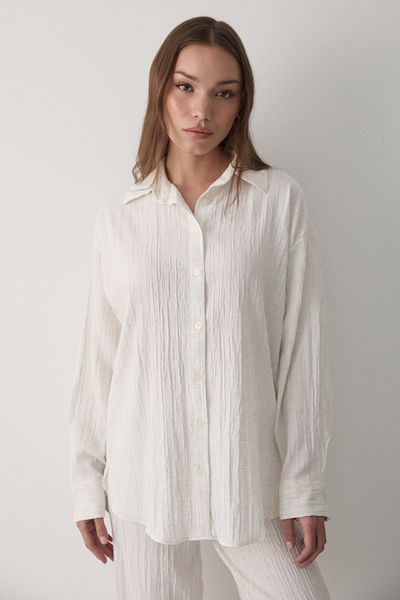 JASTE Women's Ecru Oversize Linen Shirt & Trousers Set with Laces