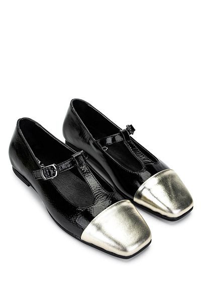 Tamer Tanca Women's Genuine Leather Black/Gold Ballerina Shoes