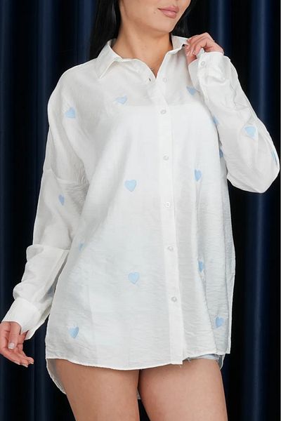 Stil Sepeti Cămașă albă oversize pentru femei, brodata cu model de inimă ST- 1000714231
