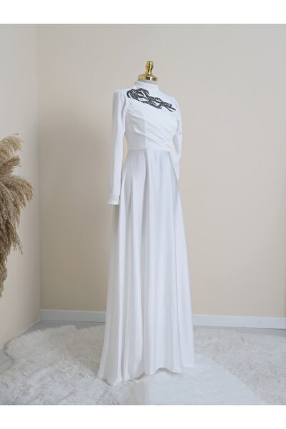 Modamorfo Draped Evening Dress with Stones on the Collar - White