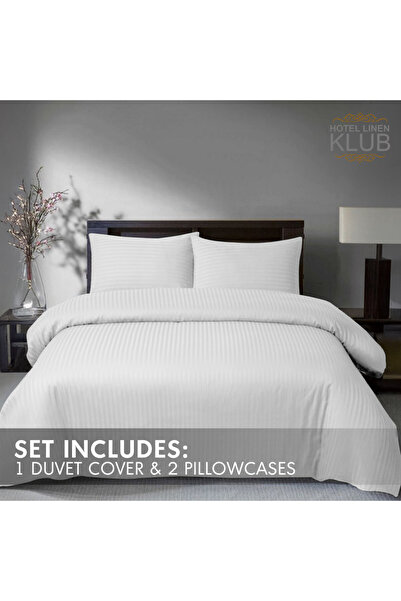 Hotel Linen Klub 3-Piece Duvet Cover Set, 100% Cotton Stripe Sateen Fabric, White