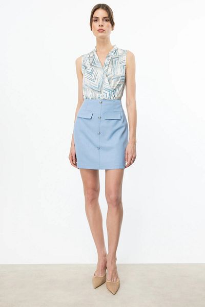 Ekol Patterned Double Breasted Blouse Blue 03094