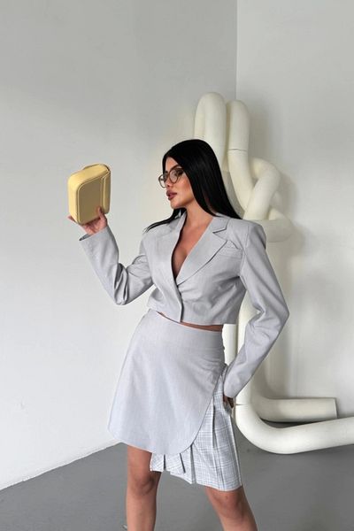 nedo7 Polyviscos Crop Jacket - Plaid Pleat Detail Skirt Suit - Gray