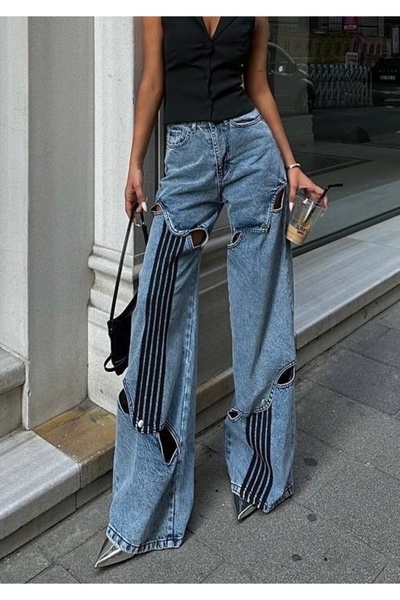 ADA MODA Blugi evazați cu dungi și ținte