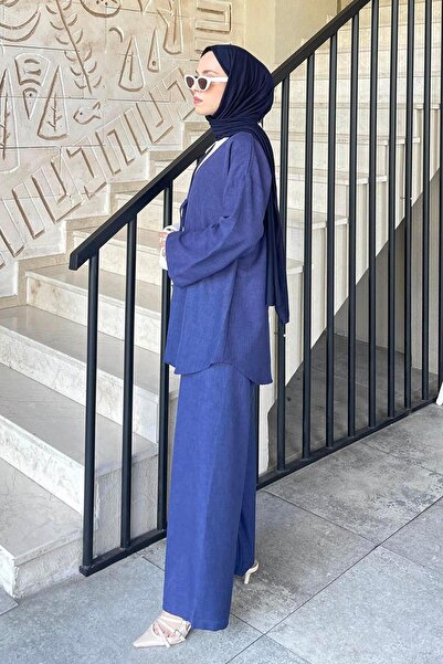 lamelif Front Double Lacing Detailed Kimono Hijab Suit Navy Blue