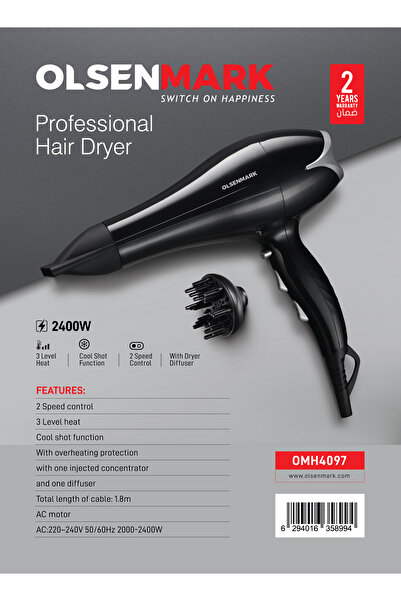 Olsenmark مجفف شعر احترافي 2400 واط Omh4097 مع تحكم في سرعتين ووظيفة تبريد وا...