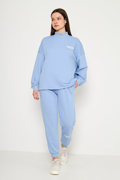 MODA Mavi Essentials Baskılı Yarım Balıkçı Sweatshirt-Eşofman Kadın Eşofman Takımı