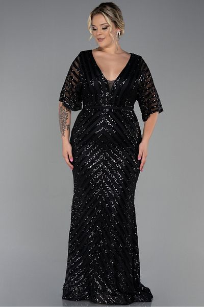 Abiyefon Women's Black Long Sequin Sequin Plus Size Evening Dress Abu900