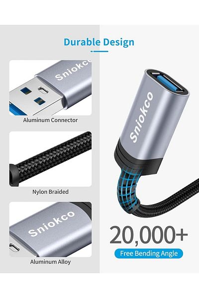 Sniokco Cablu USB 3.0, metal/nailon, negru, 2 m