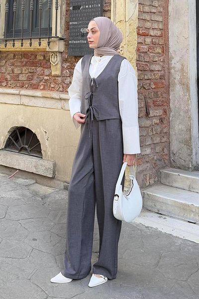 lamelif Lacing Detailed Vest-Pants Double Suit Smoked