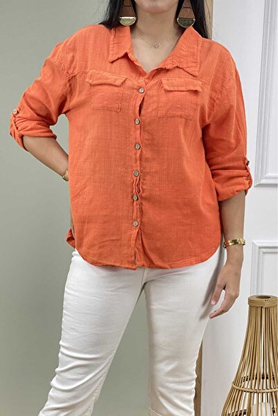Seviliko Kadın Büyük Beden Çift Cep Yandan Düğmeli Pamuk Gömlek