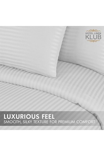 Hotel Linen Klub 3-Piece Duvet Cover Set, 100% Cotton Stripe Sateen Fabric, White