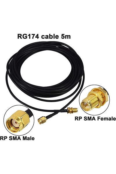 Kaunostosta Cablu coaxial antenă Wifi, RG174 RP-SMA la RP-SMA, metal/pvc, negru/auriu, 5 m