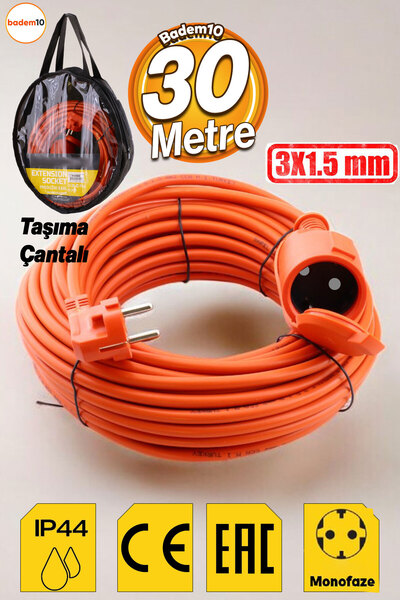 Badem10 Uzatma Kablosu 3x1.5 Mm 30 Metre Topraklı Cca Kablolu Tekli Grup Fiş ...