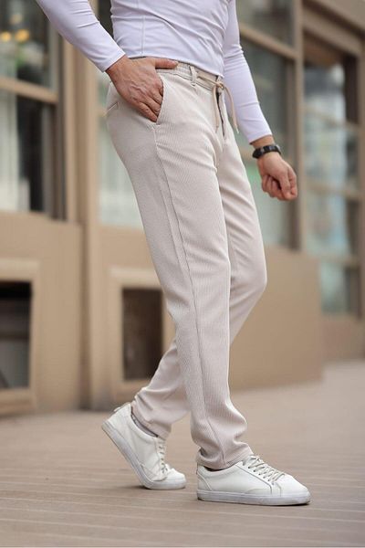Afri Pinstripe Fabric Beige Jogger Pants