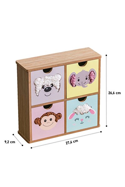 Eq deco Sevimli Teddy Kumaş Detaylı Ahşap 4 Çekmeceli Düzenleyici Hayvan Figürlü Masa Üstü Kutu Çocuk Odası