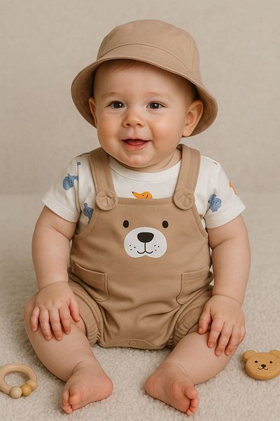 Minizade Animals Themed Bear Bucket Hat T-Shirt and Salopet 3 Piece Set