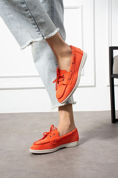 ShoeTek Rinsa Women's Ballerina Lace-Up Moccasin Orange Suede