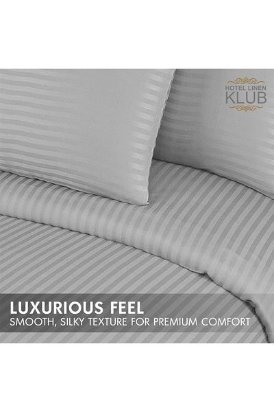 Hotel Linen Klub 3-Piece Duvet Cover Set, 100% Cotton Stripe Sateen Fabric, Silver