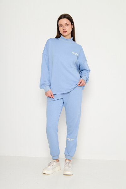 MODA Mavi Essentials Baskılı Yarım Balıkçı Sweatshirt-Eşofman Kadın Eşofman Takımı