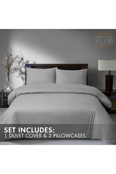 Hotel Linen Klub 3-Piece Duvet Cover Set, 100% Cotton Stripe Sateen Fabric, Silver
