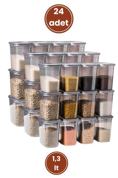 Flora Kare Erzak Saklama Kabı 24'lü Set, Gıda Baharat Bakliyat Saklama Kabı Orta Boy 24x(1,3 lt)