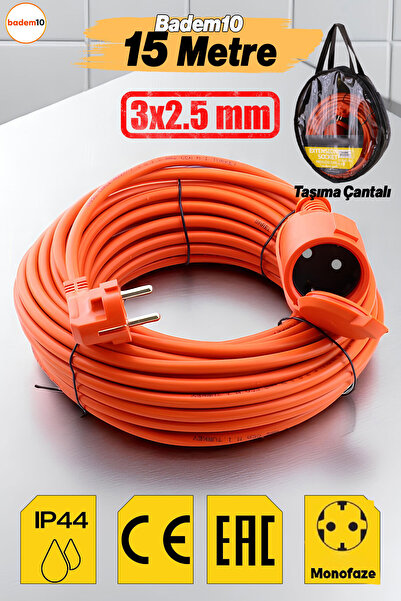 Badem10 Uzatma Kablosu 15 Metre 3x2.5 Mm Ev Tipi Topraklı Cca Kablolu Tekli G...