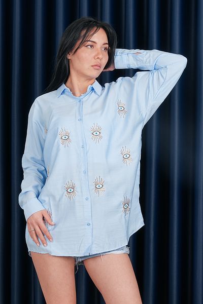Stil Sepeti Cămașă albastră oversize cu paiete brodate pentru femei ST- 1000742