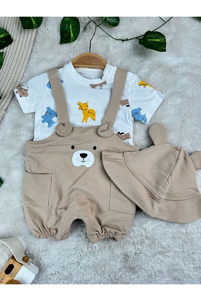 Minizade Animals Themed Bear Bucket Hat T-Shirt and Salopet 3 Piece Set