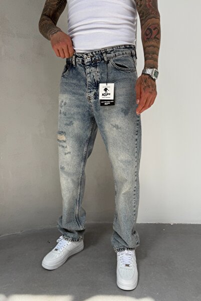 MADZEYMODA Férfi táskás szabású szakadt részletes kék Jean farmer nadrág KE-609