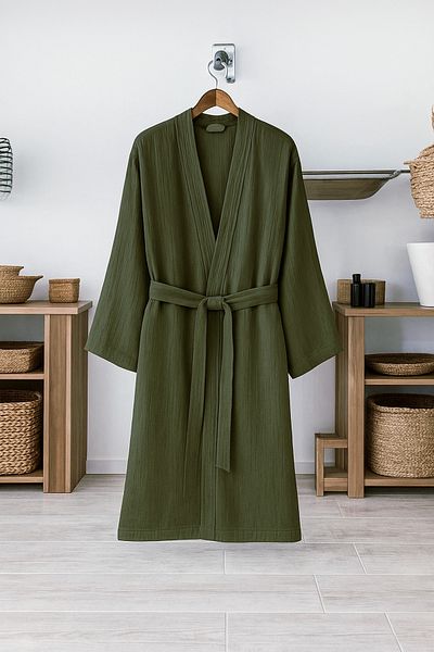 CollessiaHome Unisex Muslin Dressing Kimono - 100% οργανικό βαμβάκι, διπλή στρώση, λεπτό μπουρνούζι, σκούρο πράσινο