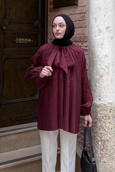 lamelif Tunic Burgundy with Tie Detail