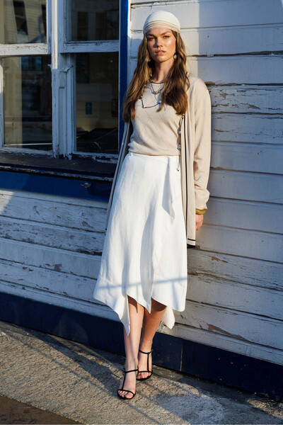 Desen Triko White Crew Neck Diamond Patterned Summer Cardigan