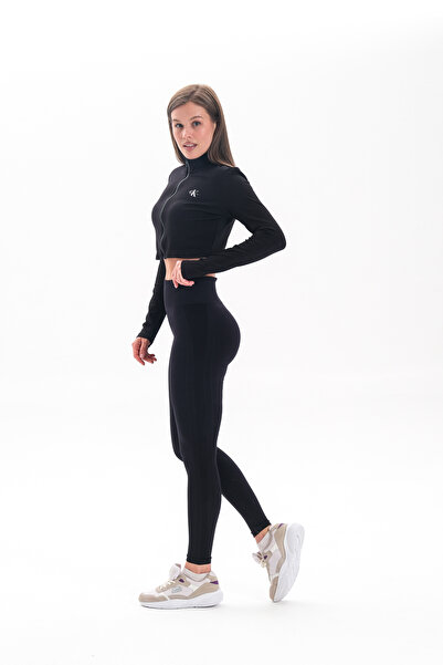 MİSTİRİK Alnus Örme Model Spor Taytı Sıkılaştırıcı Etkili Yüsek Bel Düz Tayt Siyah Renk