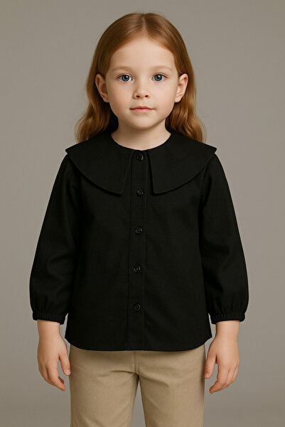BAV Butik Ayvitrin Kız Tasarım Yaka Uzun Kollu Siyah Gömlek