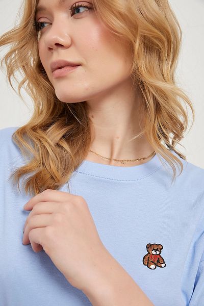 Arma Life Tricou albastru cu mânecă scurtă brodat ursuleț de pluș de vară pentru femei