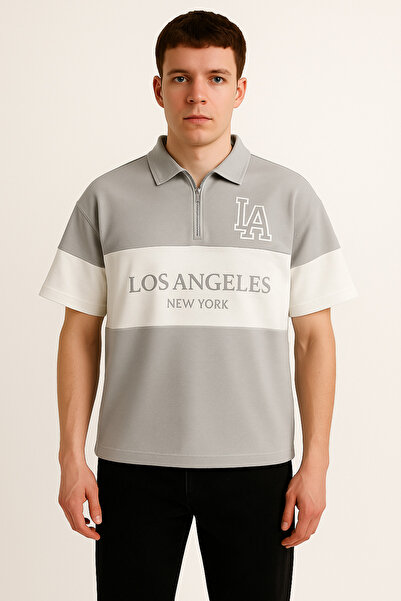 Altamira Tricou polo oversize gri unisex cu fermoar Tricou imprimat Los Angeles