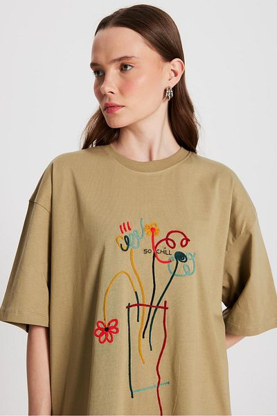 minaaise Tricou cu broderie supradimensionat, verde mucegai, pentru femei 29161