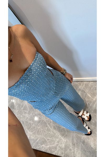 My Blog Blaues trägerloses Pailletten-Jeans-Bustier
