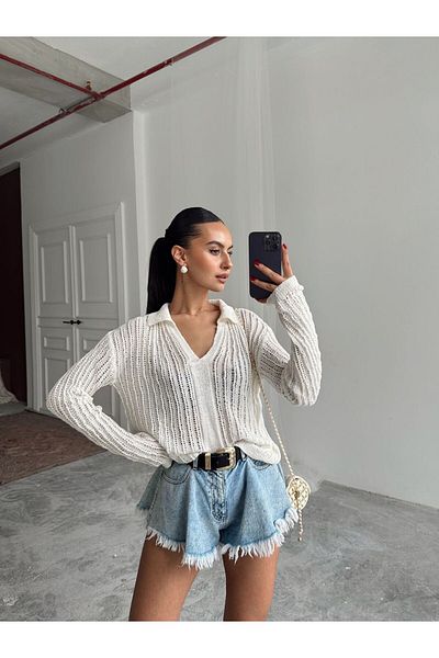 mydukkan.co Tricotaj ajurat cu guler polo Sara cremă