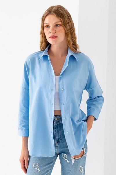 GİYSA Cămașă oversize din bumbac de bază cu mânecă lungă, albastru gheață - 3900