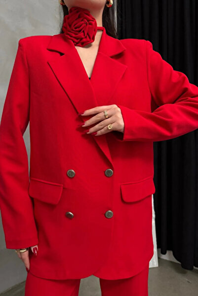 buqre's moda Kadın İkili Blazer Ceket Pantolon Takım Aksesuar Gül ve Düğme Detaylı Bol Paça