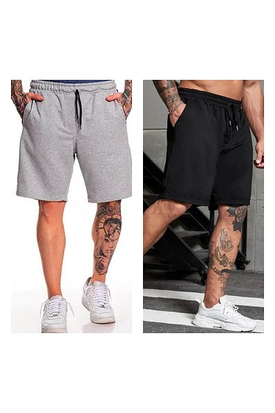 FİTGO Unisex Combed Cotton Unprinted Shorts Black - Gray