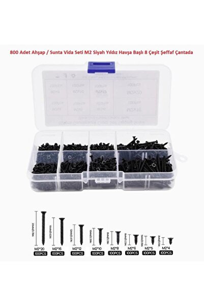 Hatfon Elektronik 800 Adet Ahşap / Sunta Vida Seti M2 Siyah Yıldız Havşa Başl...