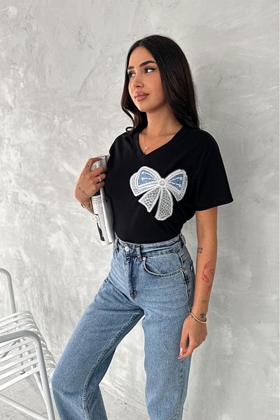 FEMELLE Tricou de damă, 100% bumbac, cu mărgele și paiete brodate cu fundă