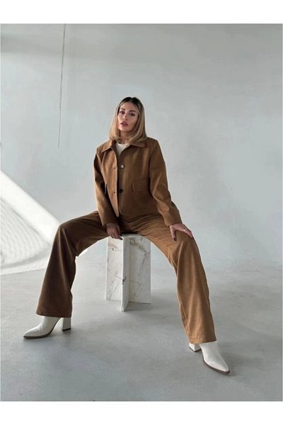 nedo7 Suede Jacket Palazzo Trousers Double Set - Brown
