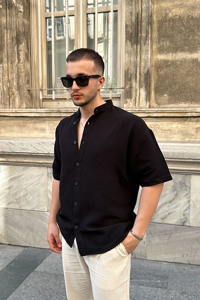 Livio Ferri Мъжка лятна памучна риза Mingan, яка тип „съдия“, къс ръкав, закопчаване с копчета, удобен модел