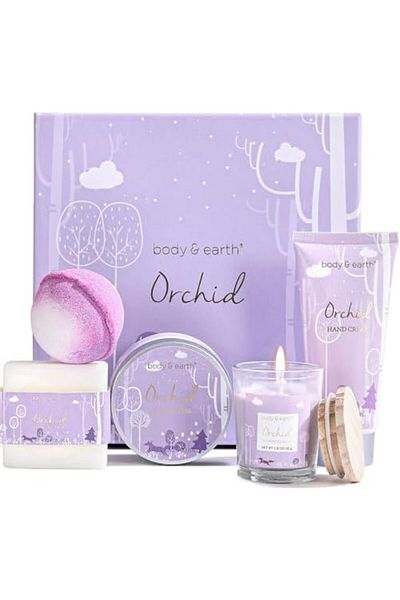 Body & EARTH Bath Spa Gifts for Women - Gift Set for Women, 5 Pcs Bath Set with Orchid Scented Candl