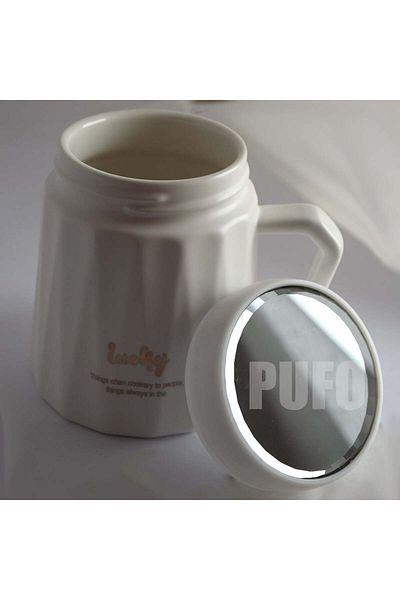 PUFO Cană ceramică Inspire cu capac pentru cafea sau ceai, 350 ml, albă