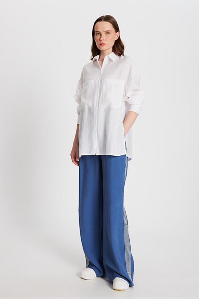 minaaise Women's Indigo 100% Modal Loose Cut Side Striped Trousers 29139
